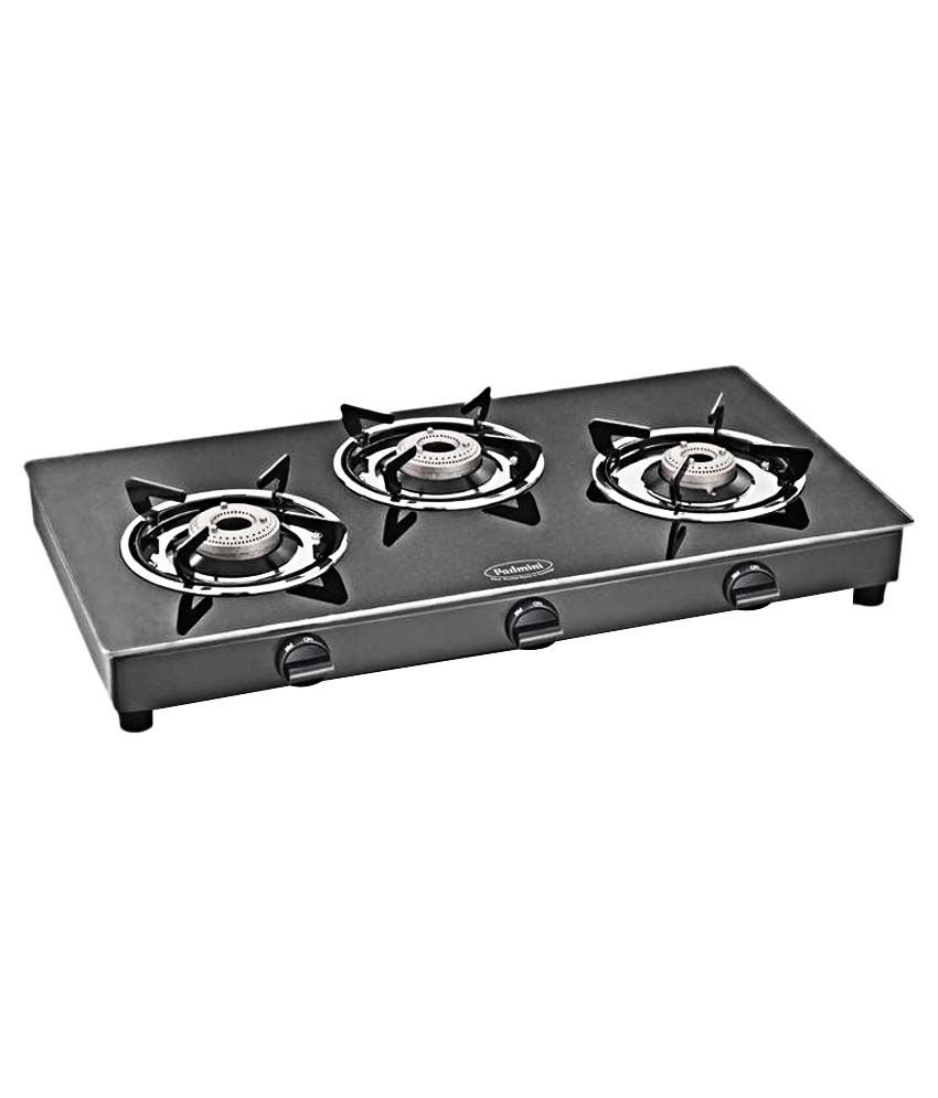 Padmini CS3GT Cloud 3 Burner Crystal Gas Stove Black Color Cooktop
