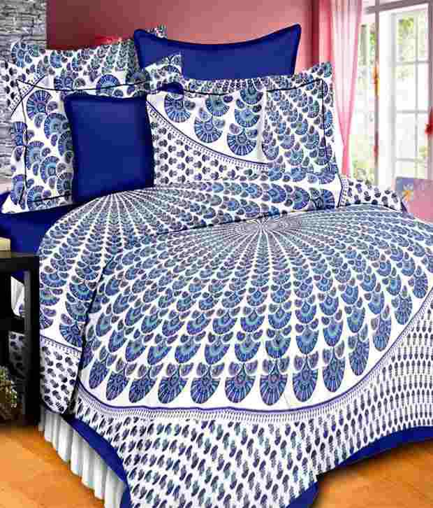     			UniqChoice Blue 100% Cotton Double Bed Sheet With 2 Pillow Cover