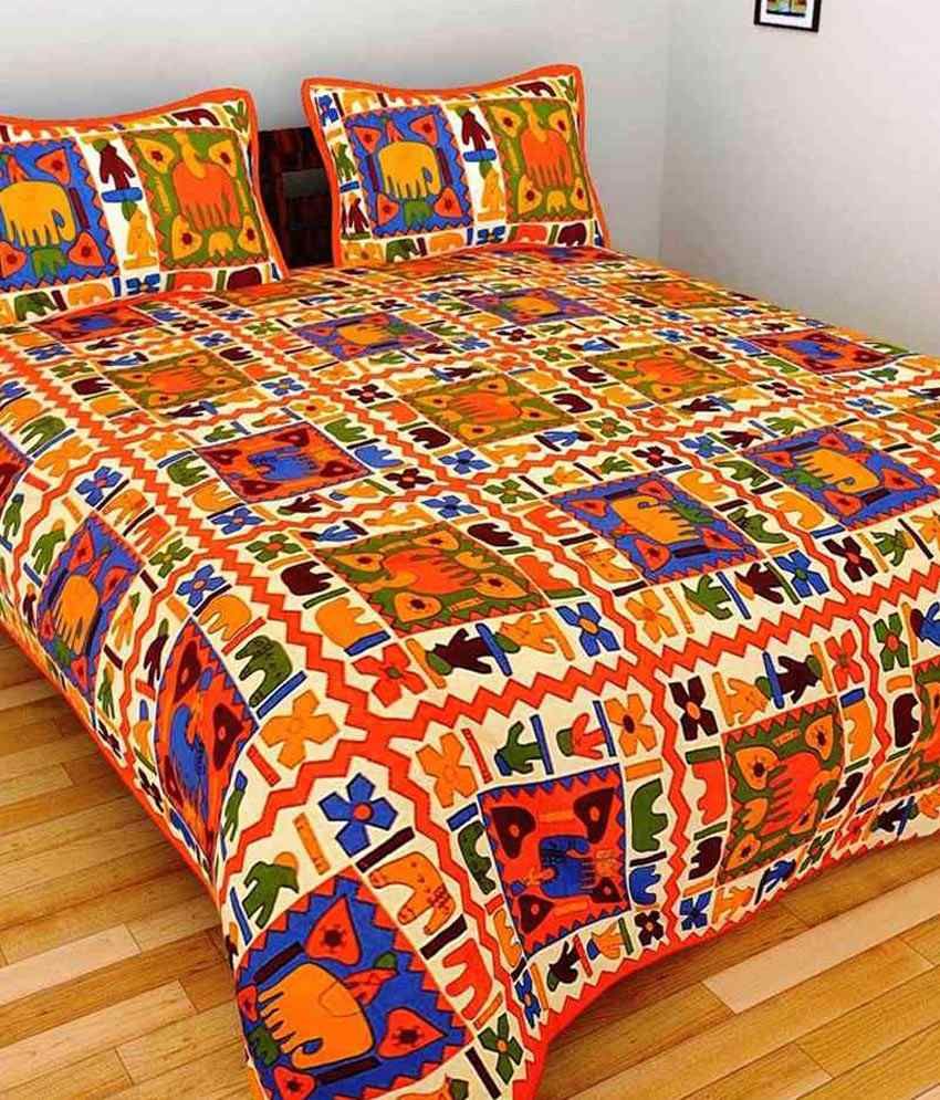 UniqChoice Multicolor Rajasthani Cotton Double Bed Sheet With 2 Pillow