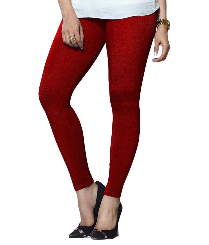 Red Mid Waist Lux Lyra Plain Ankle Length Leggings, Casual Wear