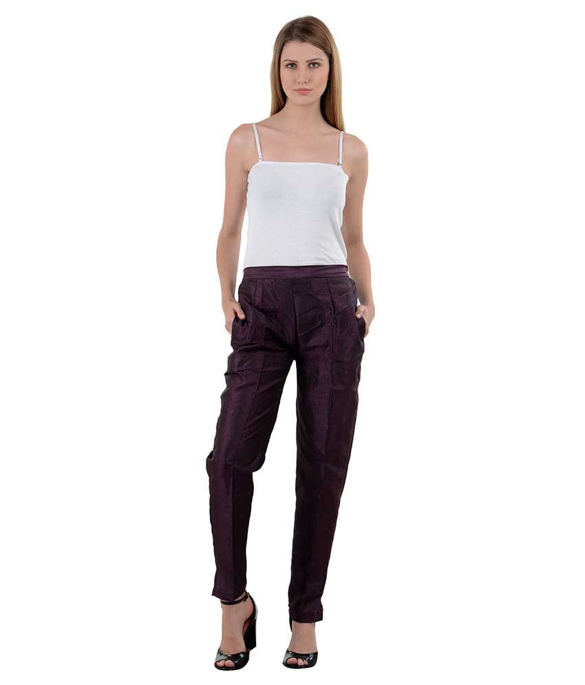 purple silk trousers