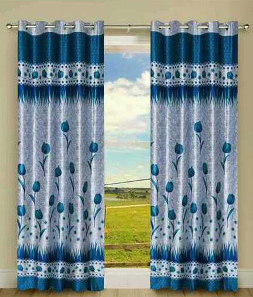     			Panipat Textile Hub Floral Semi-Transparent Eyelet Door Curtain 7 ft -Blue