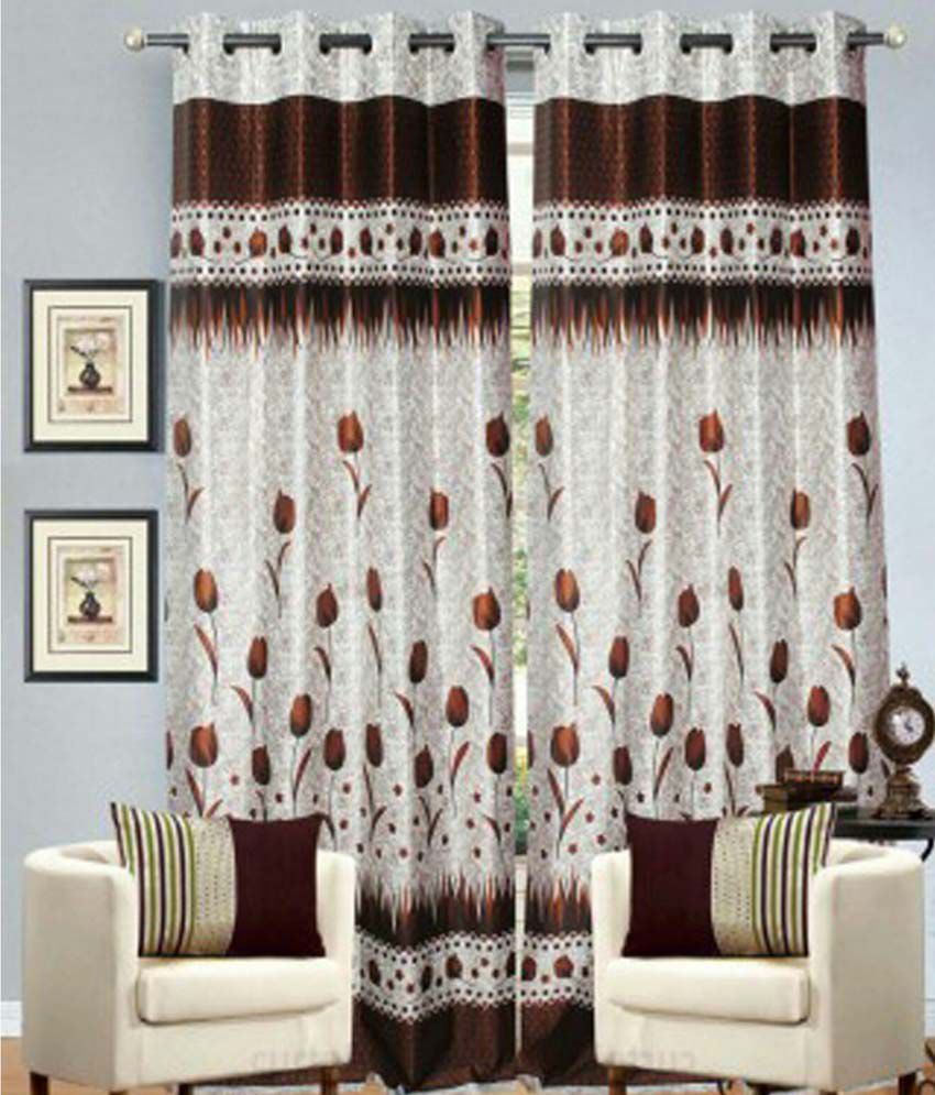     			Panipat Textile Hub Floral Semi-Transparent Eyelet Door Curtain 7 ft Pack of 8 -Brown