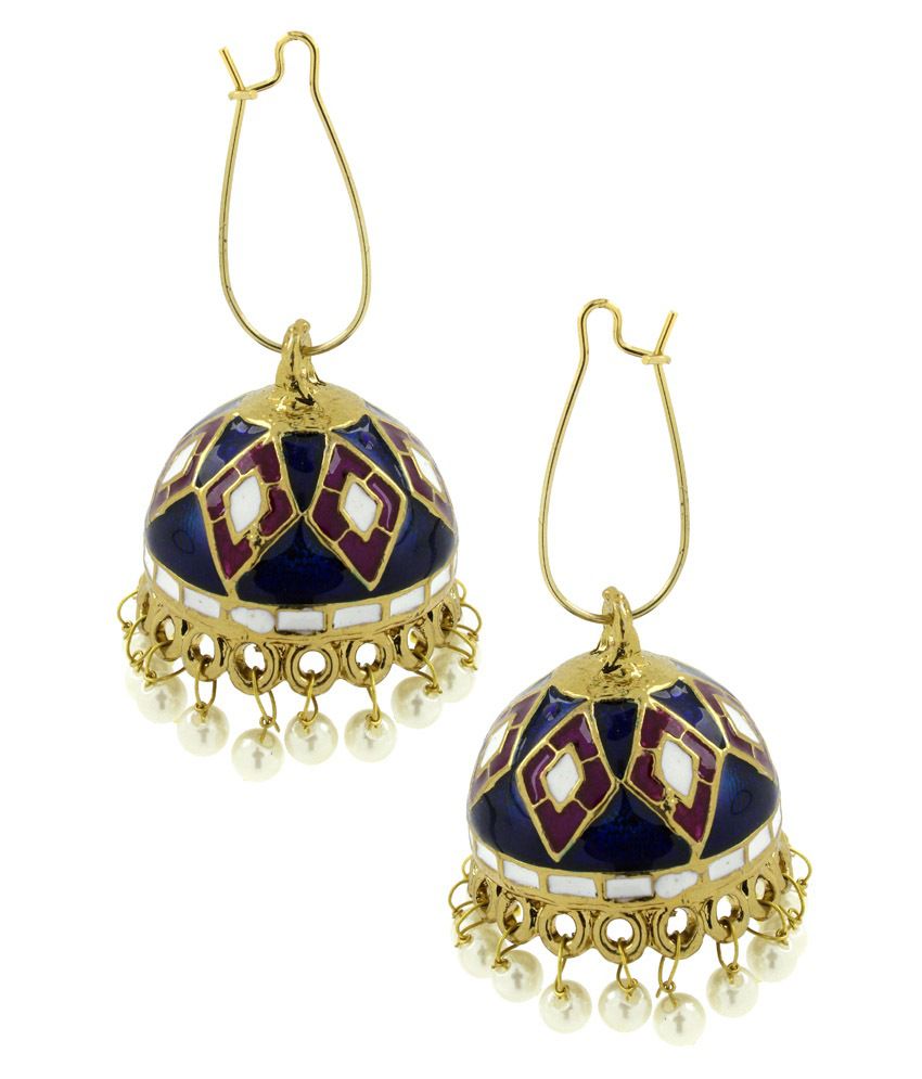     			The Jewelbox Blue Purple White Gold Plated Meenakari Pearl Enamel Jhumki Earring for Women