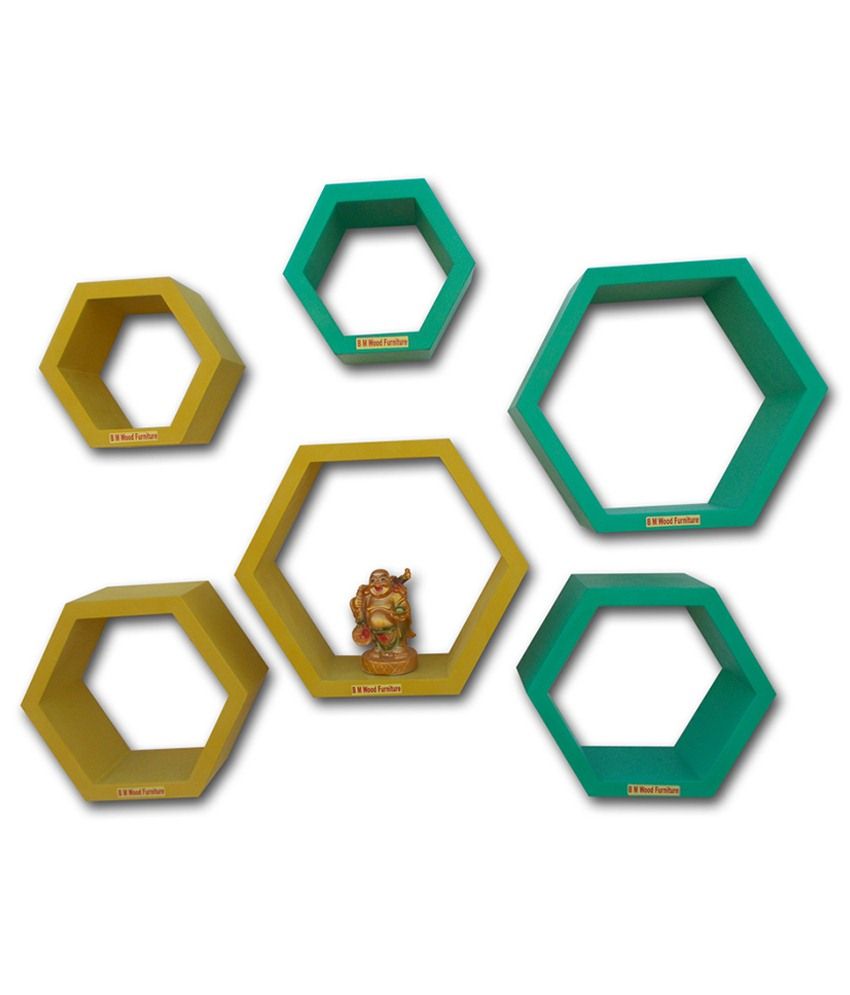 B M Wood Furniture Blue & Green Wooden Floating Shelf/ Wall Shelf