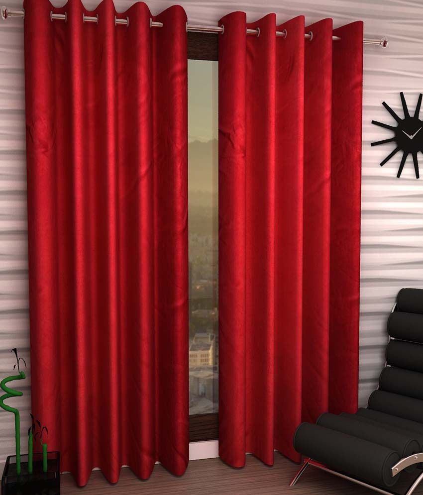     			Panipat Textile Hub Solid Semi-Transparent Eyelet Window Curtain 7 ft Pack of 2 -Red