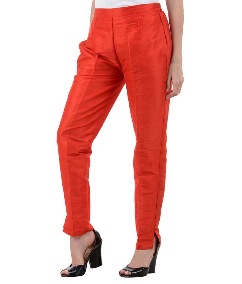 red silk pants