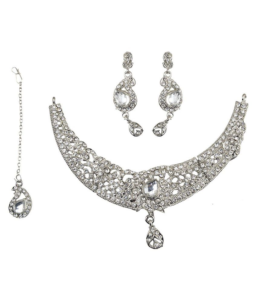 Taj Pearl Silver Alloy Necklace Set with Maang Tika Buy Taj Pearl