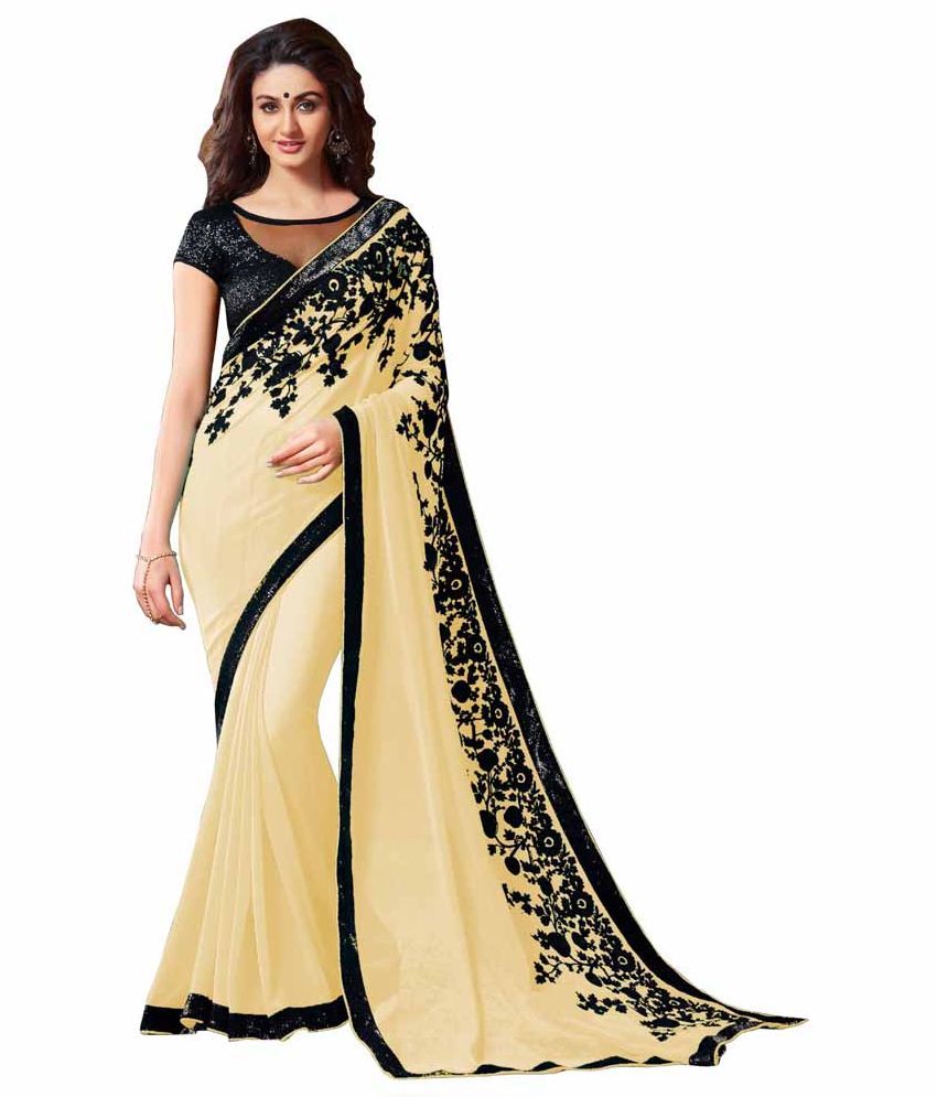     			Bhuwal Designer Beige Chiffon Saree