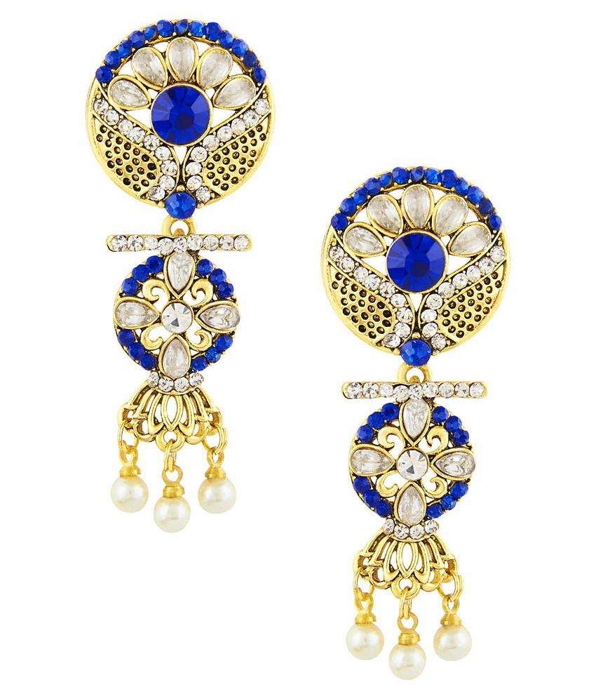 Shining Jewel Brass Gold Plating Pearls Studded Blue Coloured Earrings