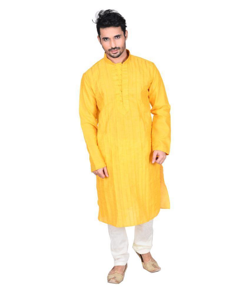     			Deyann Yellow Silk Kurta Pyjama Set