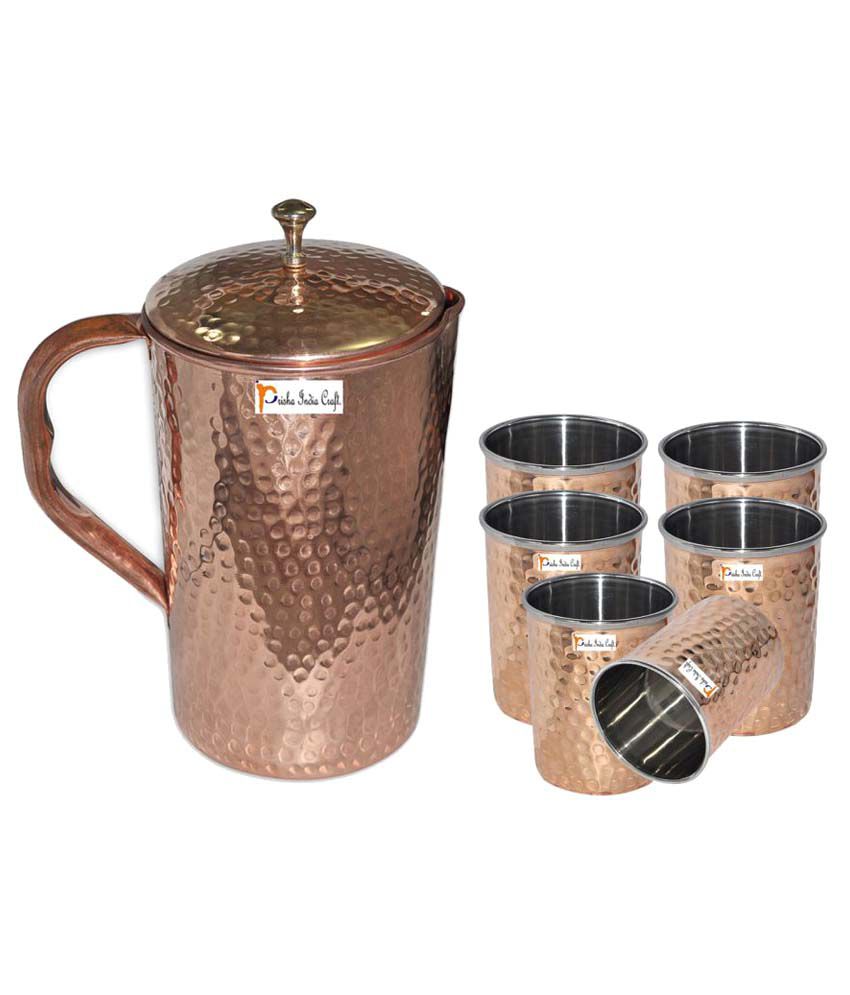 Prisha India Craft Copper Jug  ( Hammered Jug 1650 ML / 55.80 oz ) with Six Glass Drinkware Set of Jug and Glass