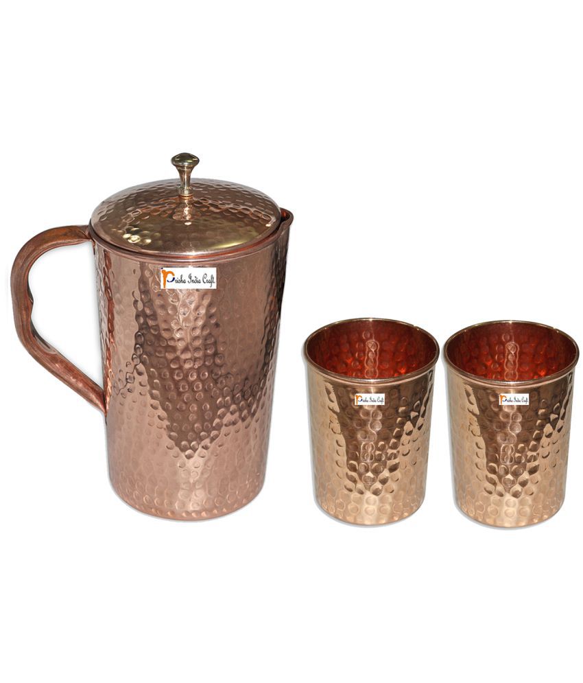 Prisha India Craft Copper Jug  ( Hammered Jug 1650 ML / 55.80 oz ) with Two Glass Drinkware Set of Jug and Glass