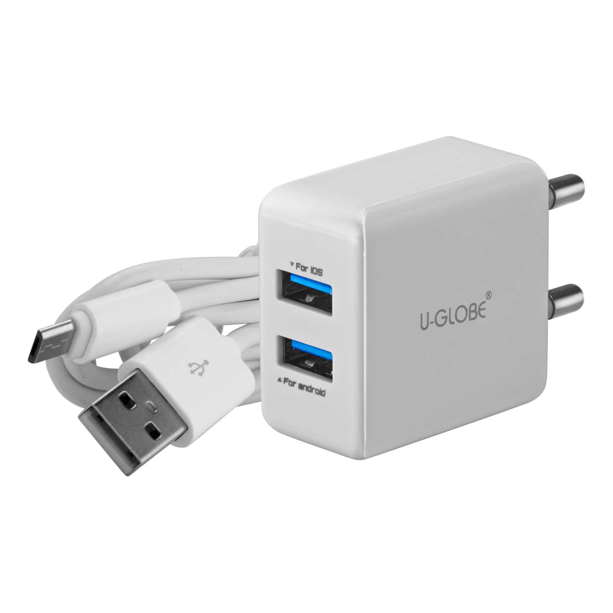 U Globe 2 4 A DUAL USB CHARGER WHITE FOR MOBILE WITH 1 METER USB U Globe 2 4 A DUAL USB CHARGER WHITE FOR MOBILE WITH 1 METER