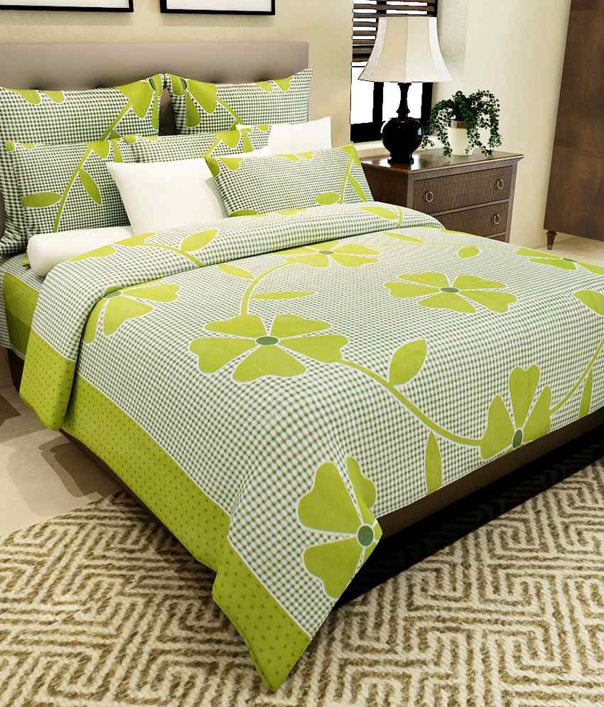     			Home Candy 100% Cotton Green Flowers and Checks Double Bed Sheet with 2 Pillow Covers TC 120 (225 x 225 cm)