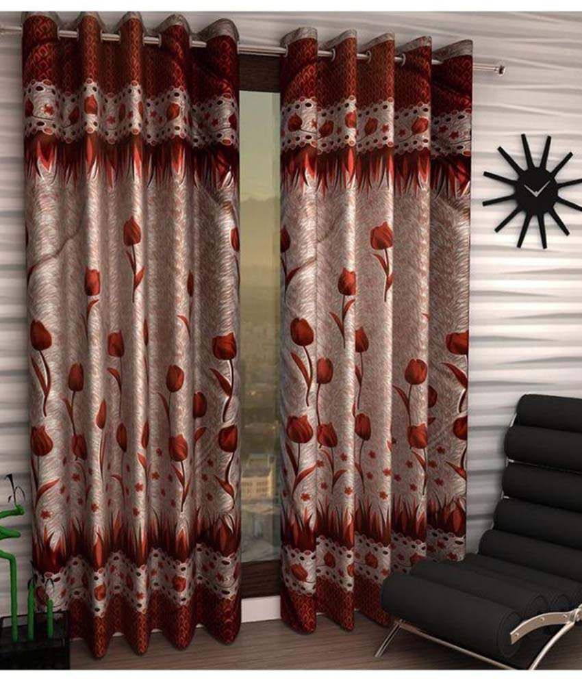     			Panipat Textile Hub Floral Semi-Transparent Eyelet Door Curtain 7 ft Pack of 2 -Multi Color