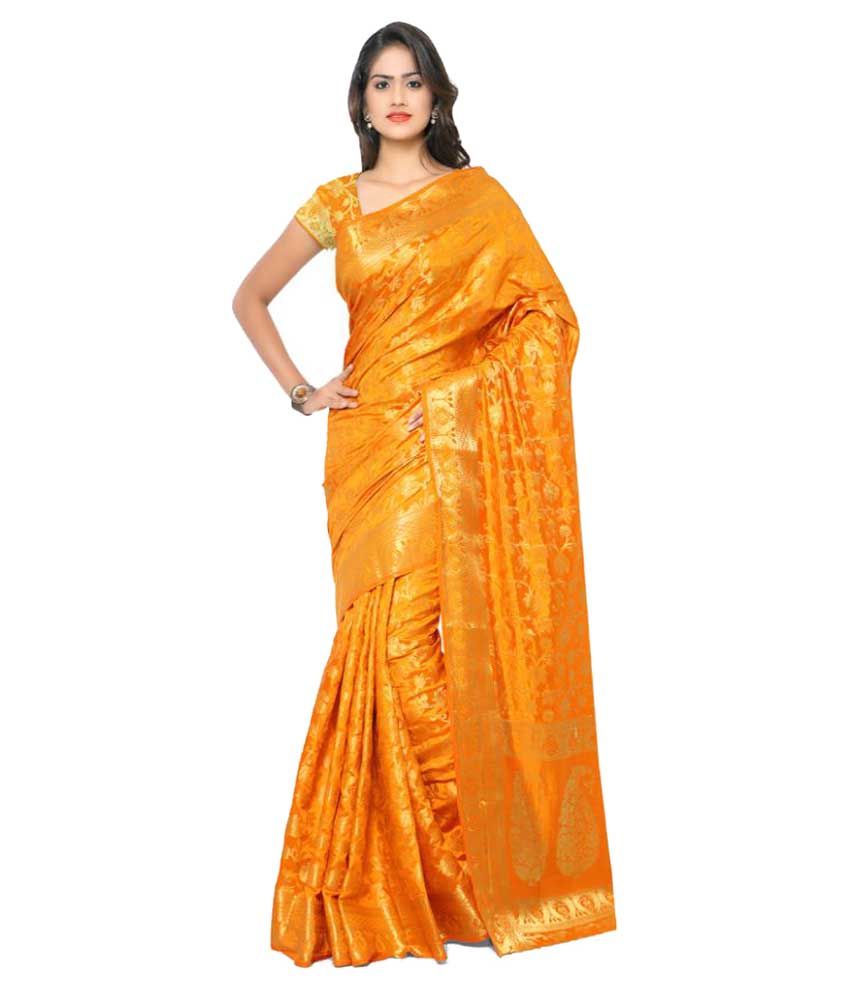 Varkala Silk Sarees Yellow and Orange Tussar Silk Saree