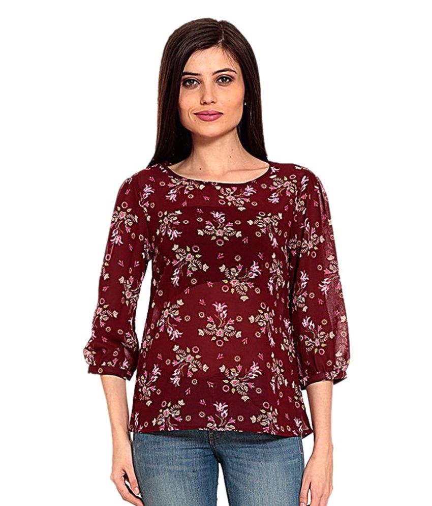 Mozoi Maroon Georgette Regular Tops - Buy Mozoi Maroon Georgette ...