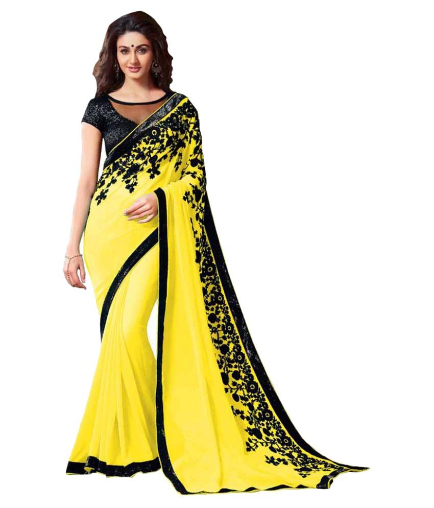 plain yellow chiffon saree