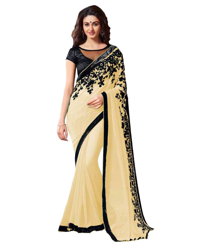     			Bhuwal Fashion Black and Beige Chiffon Saree