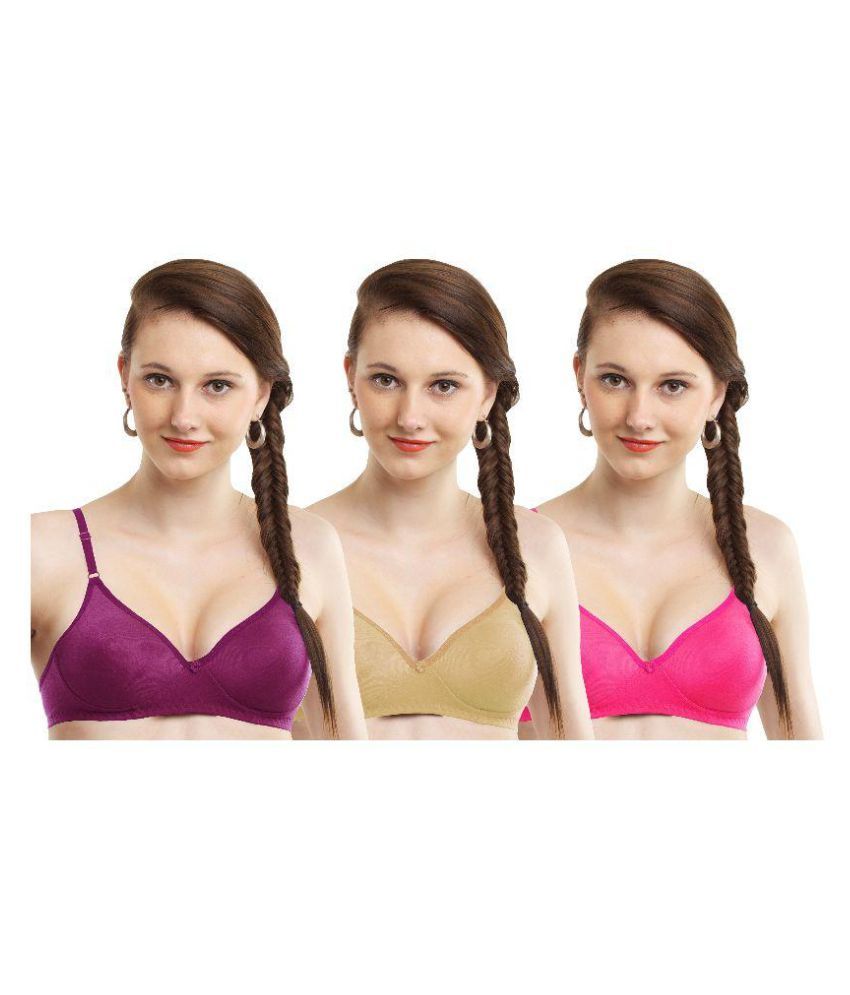     			Madam Pack of 3 Cotton Lightly Padded Women's T-Shirt/ Seamless Bra ( Multi Color )