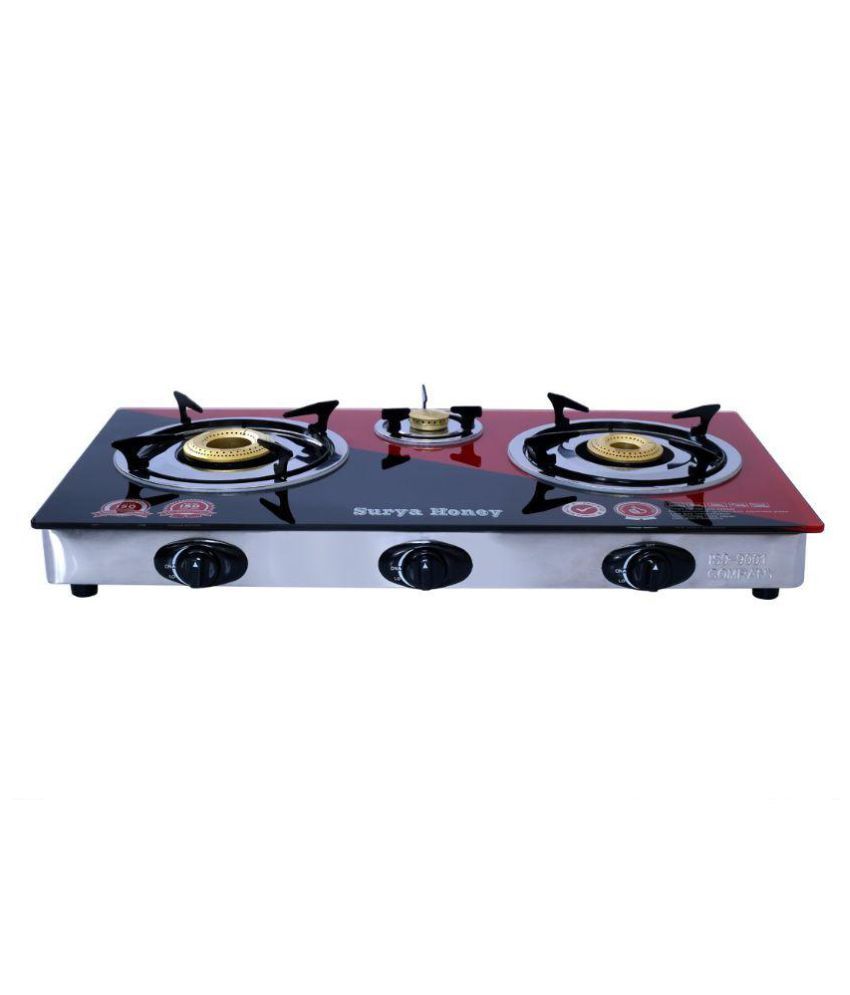 Surya Aksh sh_3_redblack 3 Burner Glass Auto Gas Stove Price in India