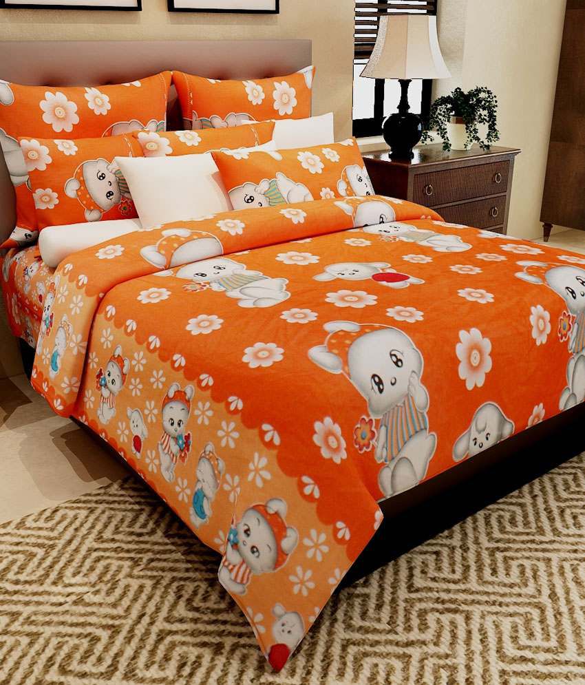     			Home Candy Orange Baby Themes Cotton Double Bedsheet With 2 Pillow Cover Kids Bedsheet