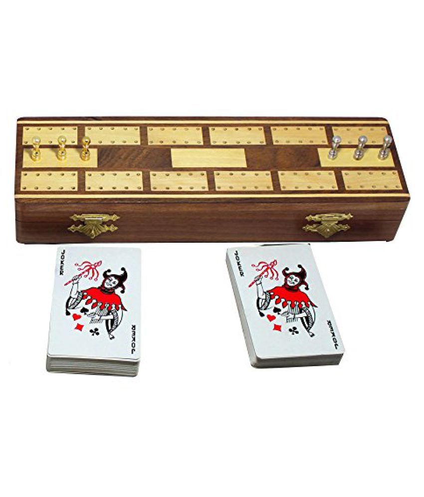 Wooden Cribbage Board Game 2 Playing Cards Deck 6 Metal Cribbage Pegs