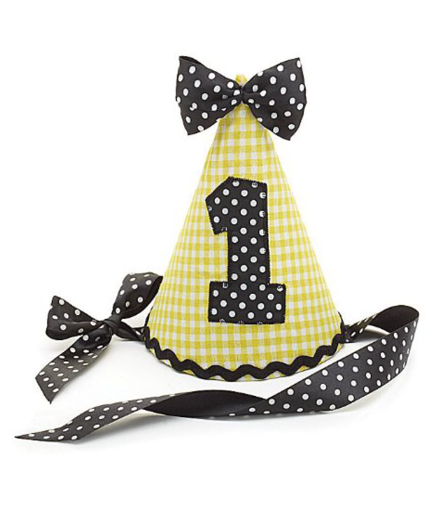 1st-birthday-party-hat-1-yellow-gingham-black-dot-fabric-ribbon-tie