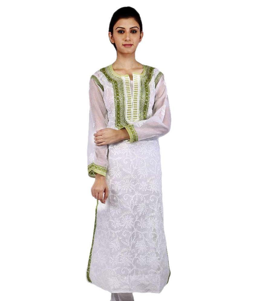 BDS Chikan White Lucknowi Chikankari Cotton Straight Kurti - Buy BDS ...