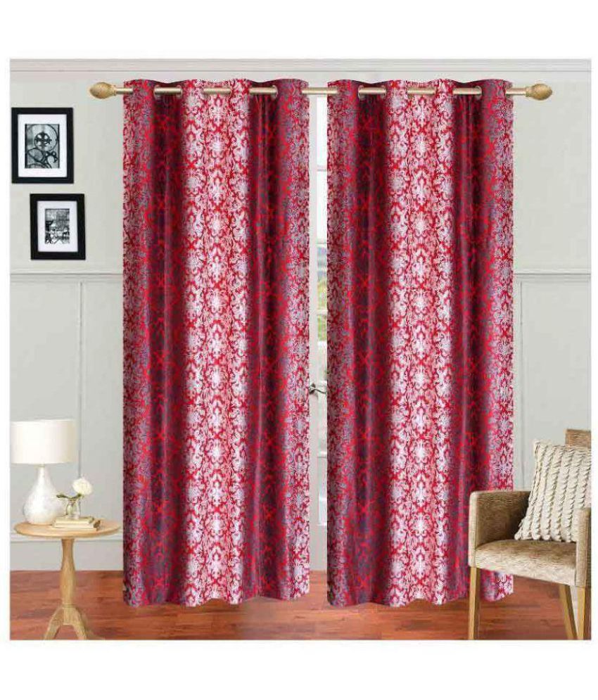     			Tanishka Fabs Floral Semi-Transparent Eyelet Door Curtain 7 ft Pack of 2 -Red