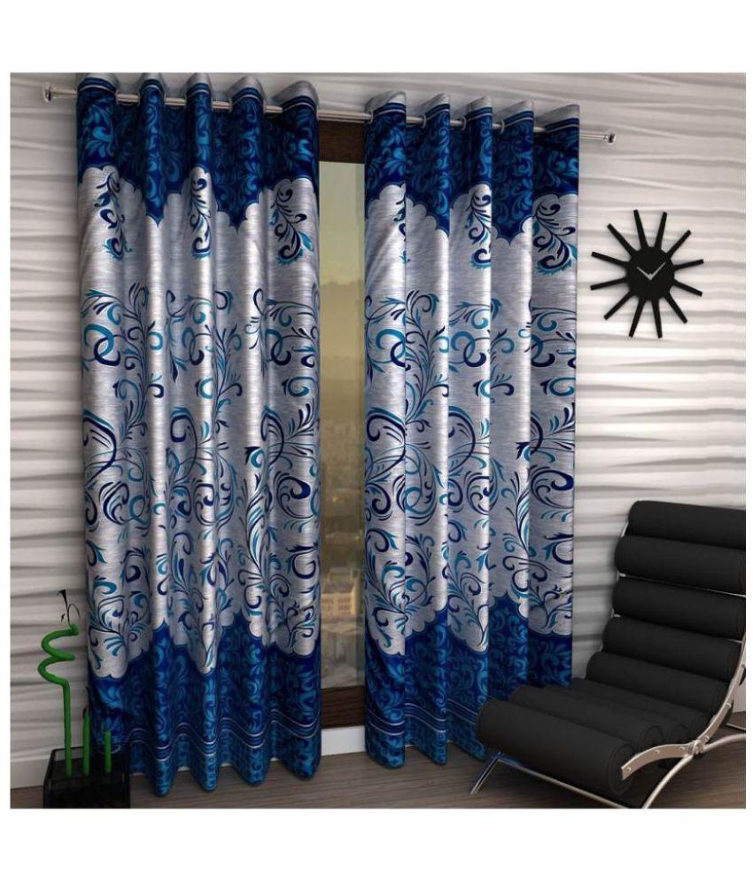     			Panipat Textile Hub Floral Semi-Transparent Eyelet Door Curtain 7 ft Pack of 2 -Blue