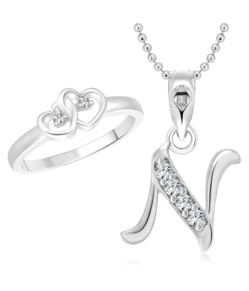     			Vighnaharta Dual Heart Ring with Initial ''N'' Alphabet Pendant Rhodium Plated Jewellery Combo set