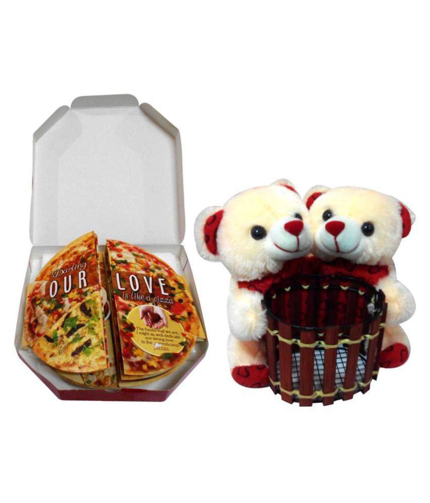 Saugat Traders Gift For Girls- Couple Pen Stand Teddy With Pizza Shape Love Card
