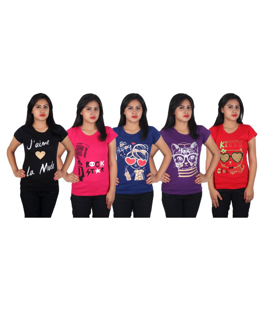     			Diaz Cotton T-Shirts Black,Pink,Red,Purple,Blue Pack of 5
