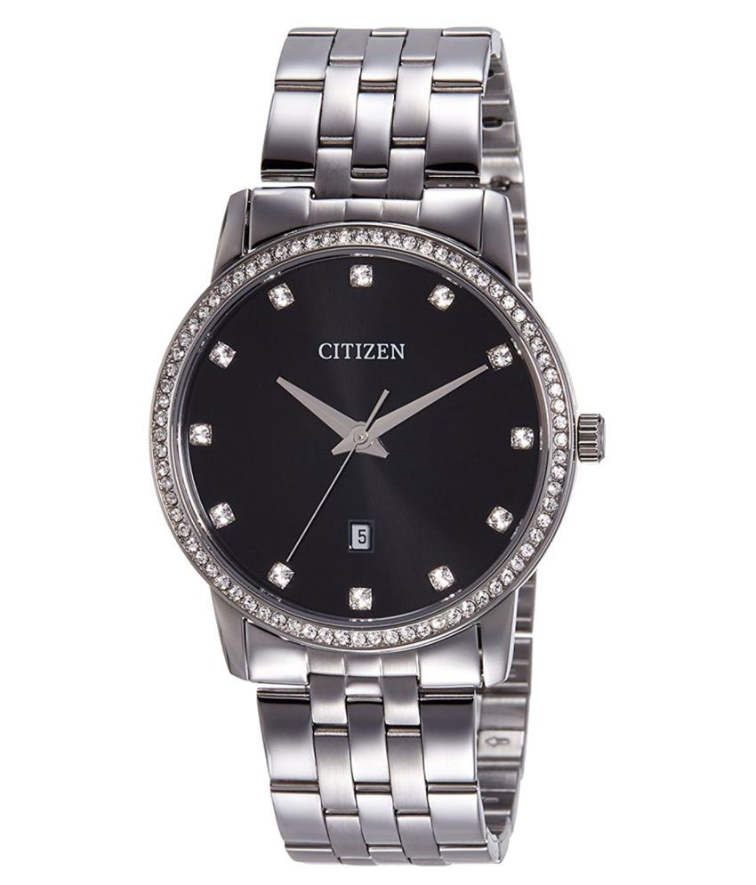 citizen silver watch with blue face