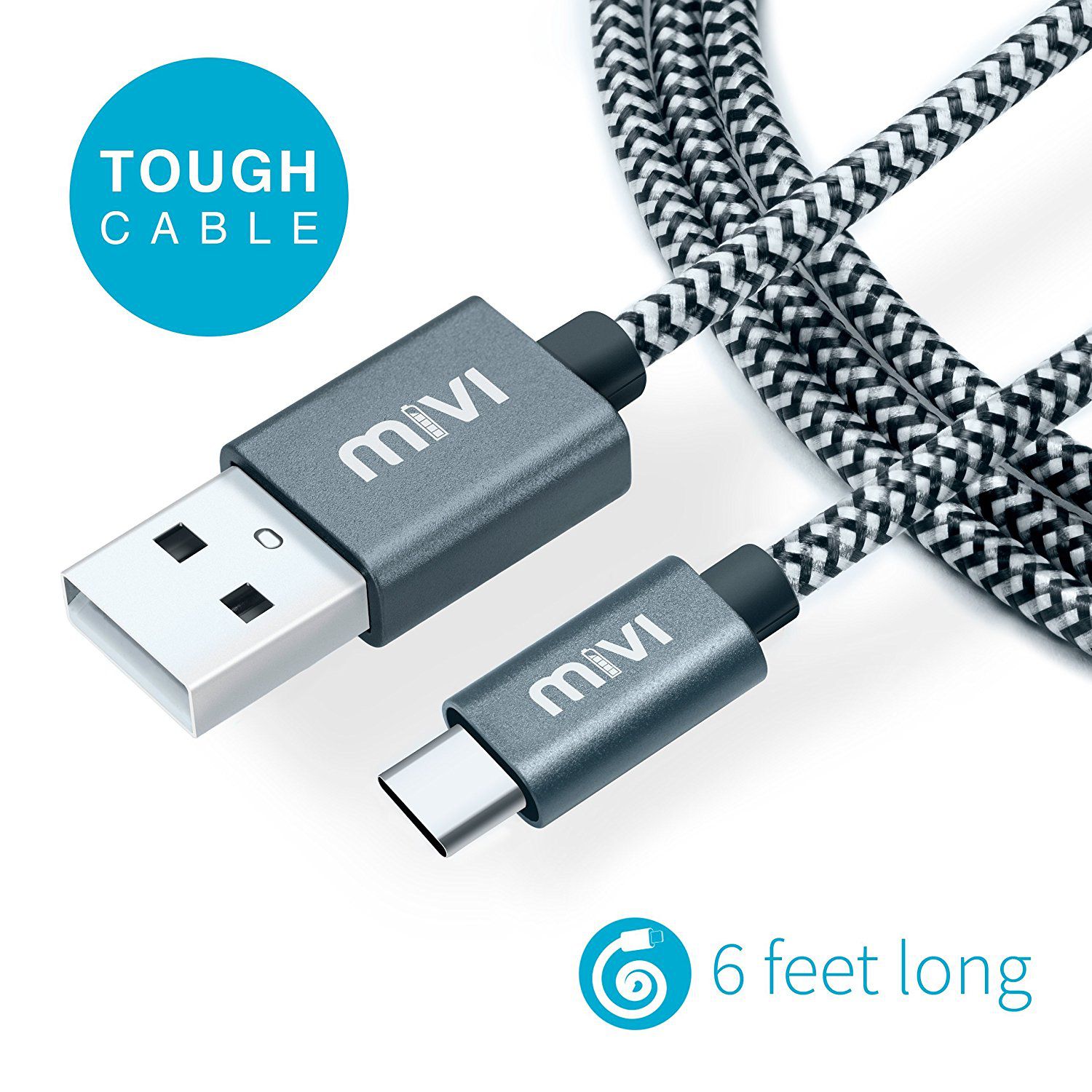     			Type C USB C to USB A 2.0 6 ft long Nylon Braided Original Mivi Tough Cable
