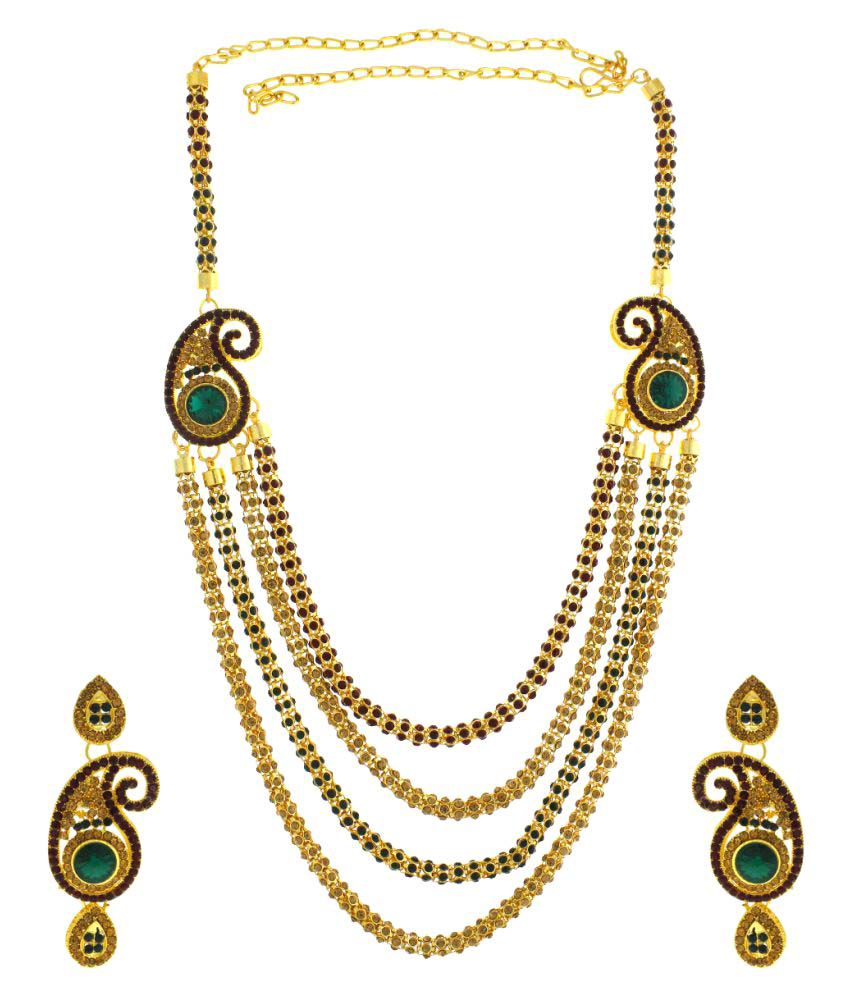Anuradha Art Golden Finish Studded Maroon-Green Colour Stone Traditional Necklace Set For Women/Girls 