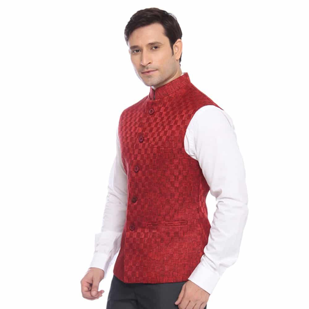 Raymond Red Cotton Blend Nehru Jacket - Buy Raymond Red Cotton Blend Nehru Jacket Online at Low 