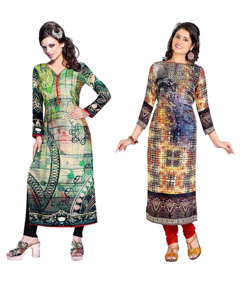     			Jevi Prints Green and Orange Crepe Printed Unstitched Kurti Pack of 2