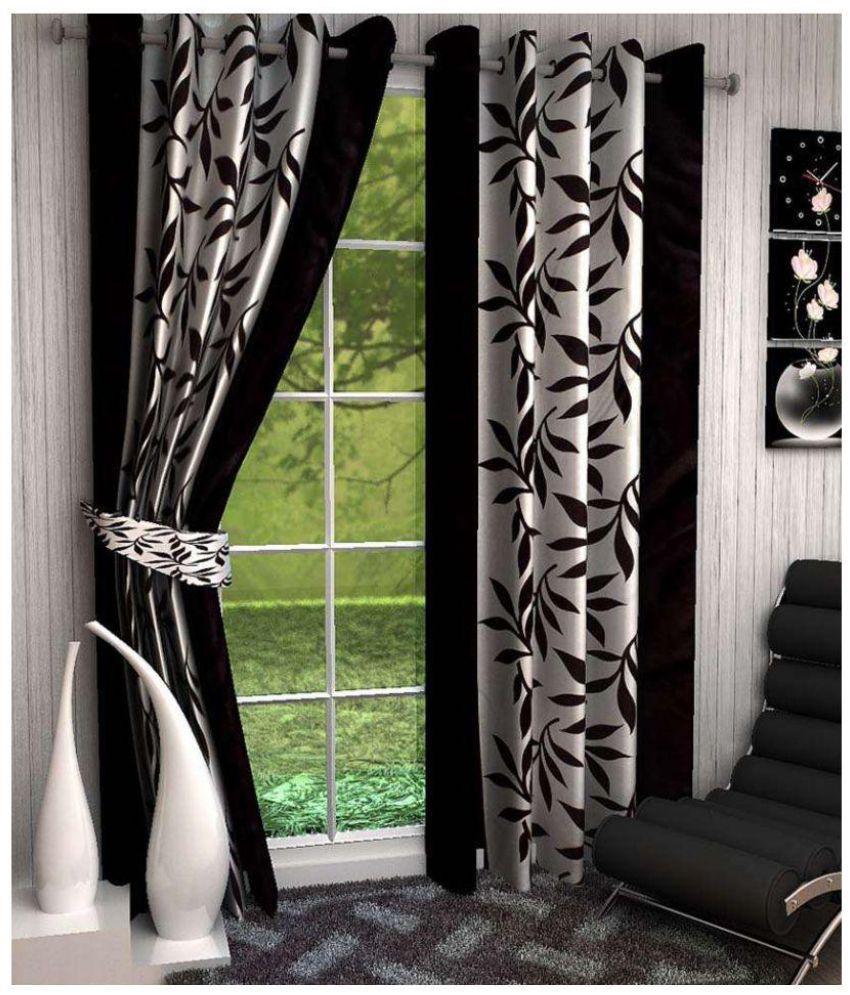     			Panipat Textile Hub Floral Semi-Transparent Eyelet Door Curtain 7 ft Pack of 2 -Black