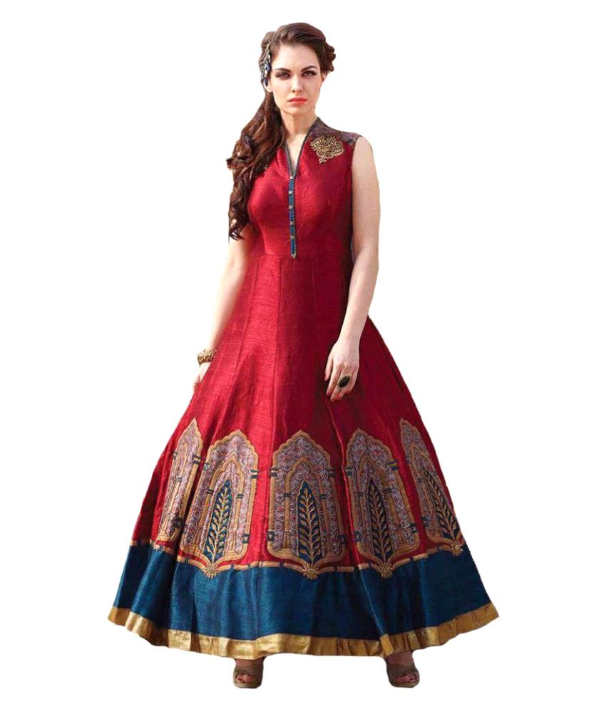 Ladies Flavour Red Bangalore Silk Anarkali Gown SemiStitched Suit