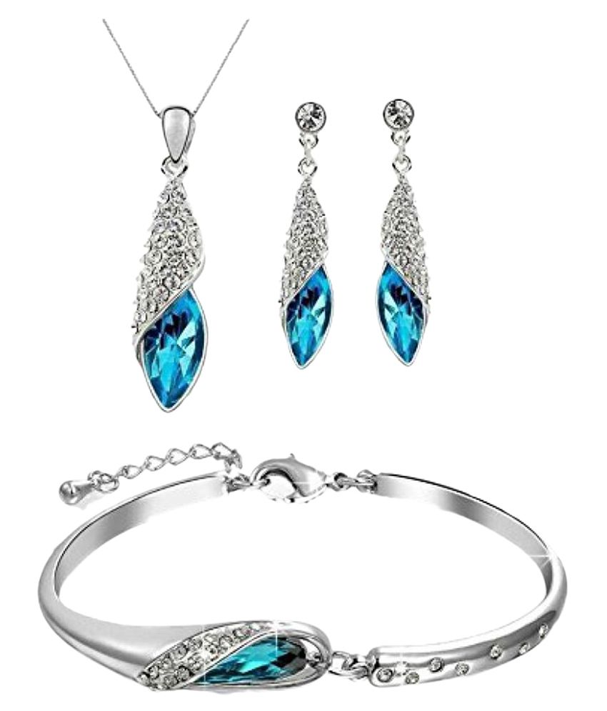     			Youbella Blue Crystal Combo Of Pendant Necklace With Earrings Set And Bracelet For Girls And Women