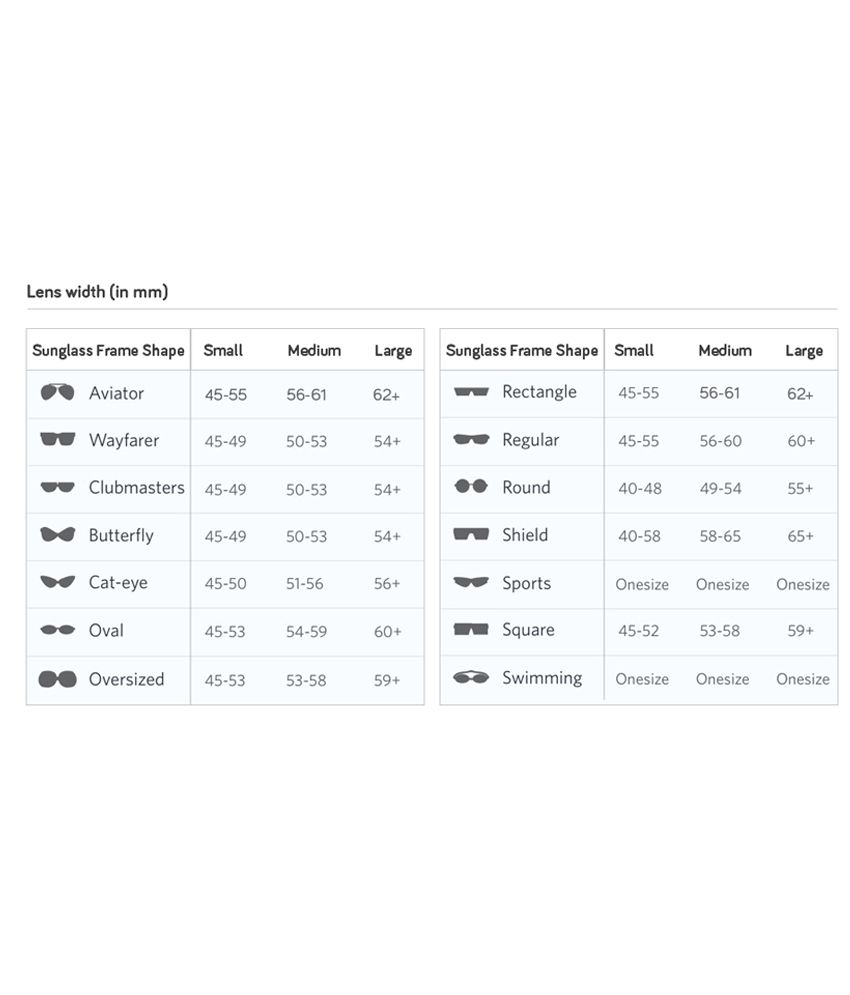 sunglasses size chart india