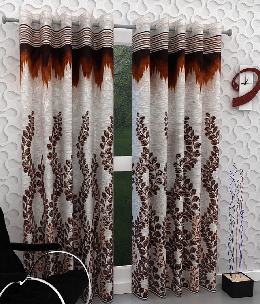     			Tanishka Fabs Floral Semi-Transparent Eyelet Long Door Curtain 9 ft Pack of 2 -Brown