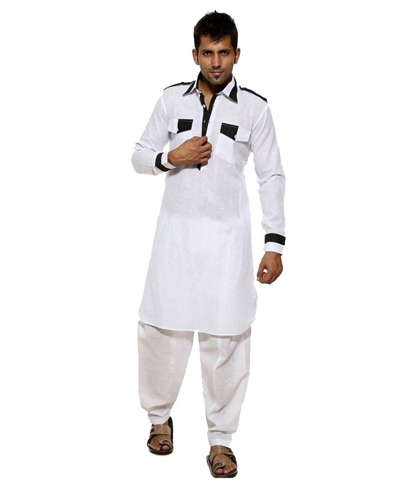 Royal Men's White Cotton linen Pathani Suit Set 