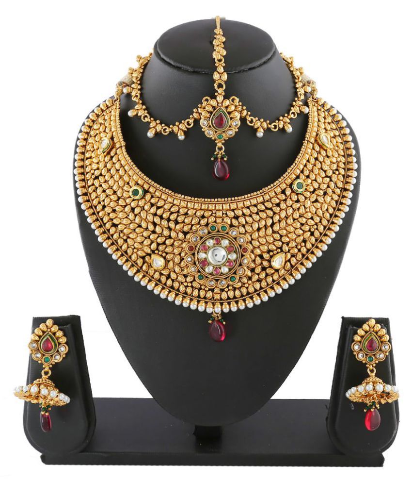 Anuradha Art Golden Finish Designer Trendy Classy Shimmering Stone Traditional Bridal Necklace Set For Women/Girls