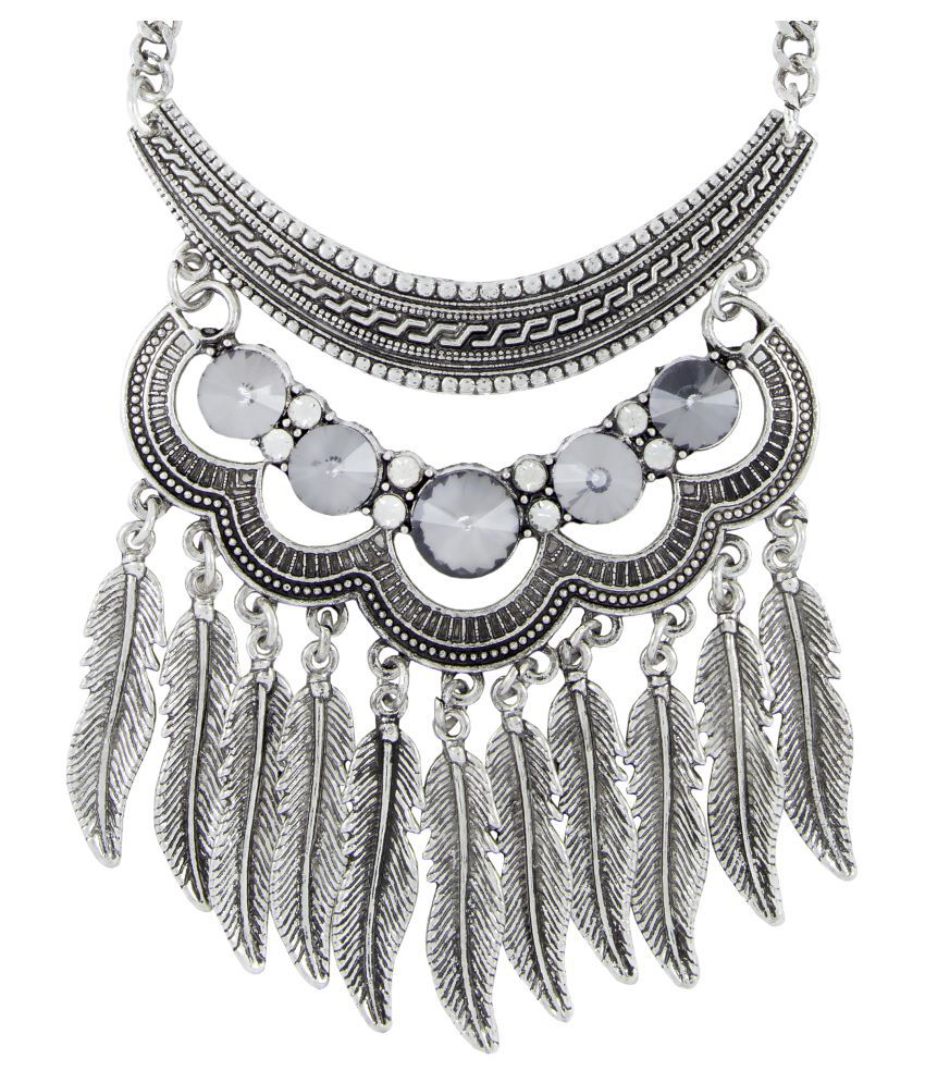     			The Jewelbox Tribal Bohemian Statement Grey Crystal Antique Oxidized Silver Long Necklace Chain Girls Women