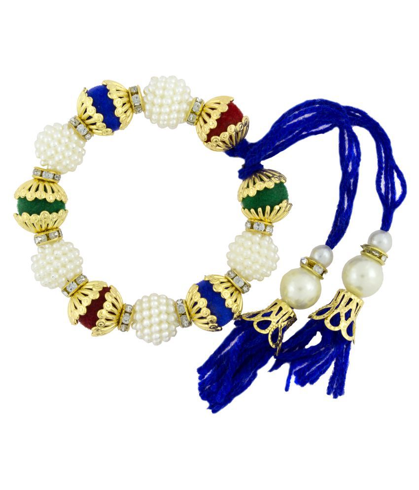     			The Jewelbox Handcrafted Antique Blue Thread Gold Plated Pearl Cz Bracelet For Kids Girls Women