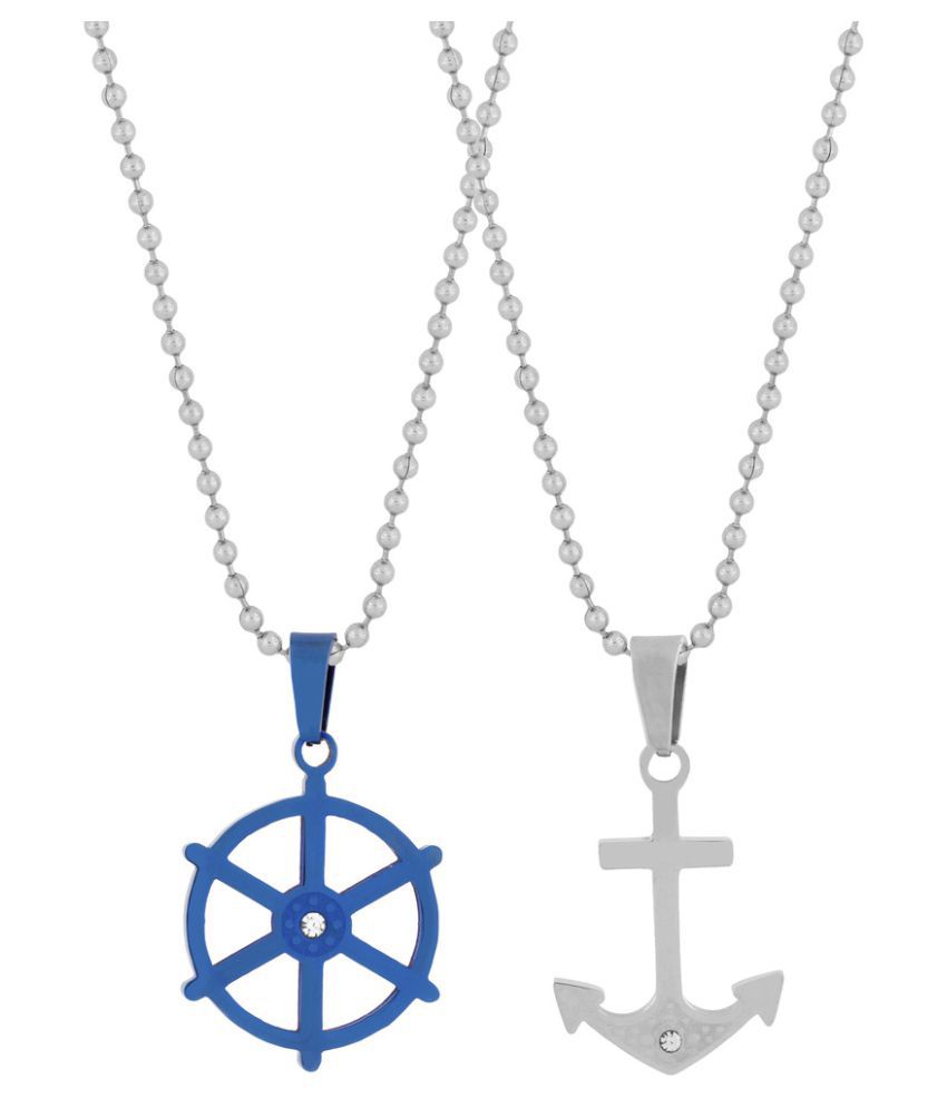     			The Jewelbox Anchor Rhodium Blue Silver 316L Surgical Stainless Steel Combo Pendant Chain For Couple
